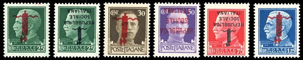 1944 - Soprastampati, serie completa con soprastampa capovolta (490a/495a), nuovi, gomma originale integra, perfetti. Ferrario.