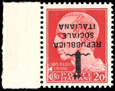 1944 - 20 cent. carminio, soprastampa capovolta (495Aa), bordo di foglio, gomma originale integra, perfetto. Ferrario, cert. Raybaudi.