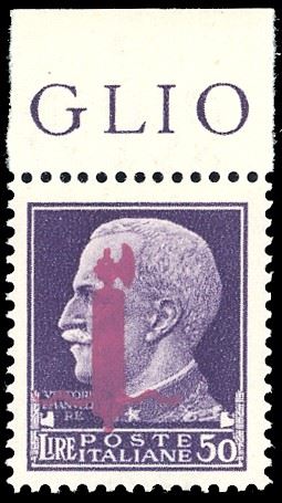 1944 - 50 lire soprastampa fascio in lilla, tiratura di Firenze (500), bordo di foglio, nuovo, gomma oriignale integra, perfetto. Molto bello. Cert. Ferrario e Raybaudi.