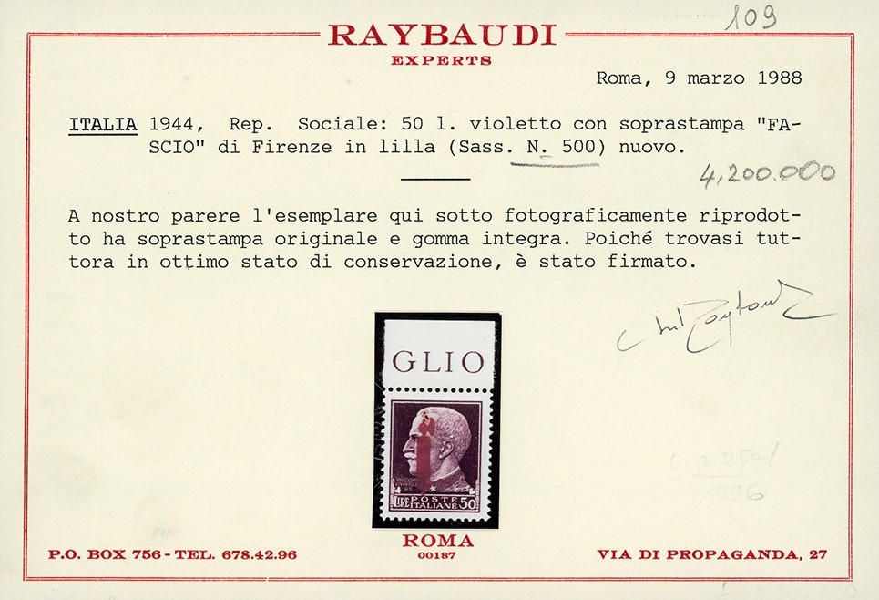 1944, 50 Lire Soprastampa Fascio in Lilla, Tiratura di Firenze