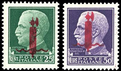 1944, 25 cent. e 50 lire con soprastampa fascio carminio, tiratura di Verona