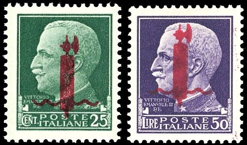 1944 - 25 cent. e 50 lire, soprastampa fascio carminio, tiratura di Verona (490,501), nuovi, gomma originale integra, perfetti. Ferrario, Raybaudi, il 50 lire cert. Caffaz.