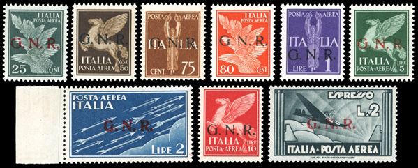 POSTA AEREA 1944 - Soprastampati G.N.R. di Verona, serie completa (117/125), gomma originale integra, perfetti. Tutti firmati da noti periti, cert. Raybaudi per il 10 lire e Ferrario per i due alti valori.