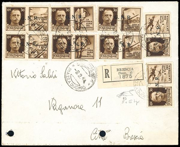 PROPAGANDA DI GUERRA 1944 - 30 cent. bruno, serie completa dei quattro valori con soprastampa G.N.R. del II tipo e del III tipo di Brescia (17/II-20/II,17/III-20/III), perfetti, su raccomandata da Brescia 8/2/1944, per città, bollo d'arrivo. Non comune. Ferrario.