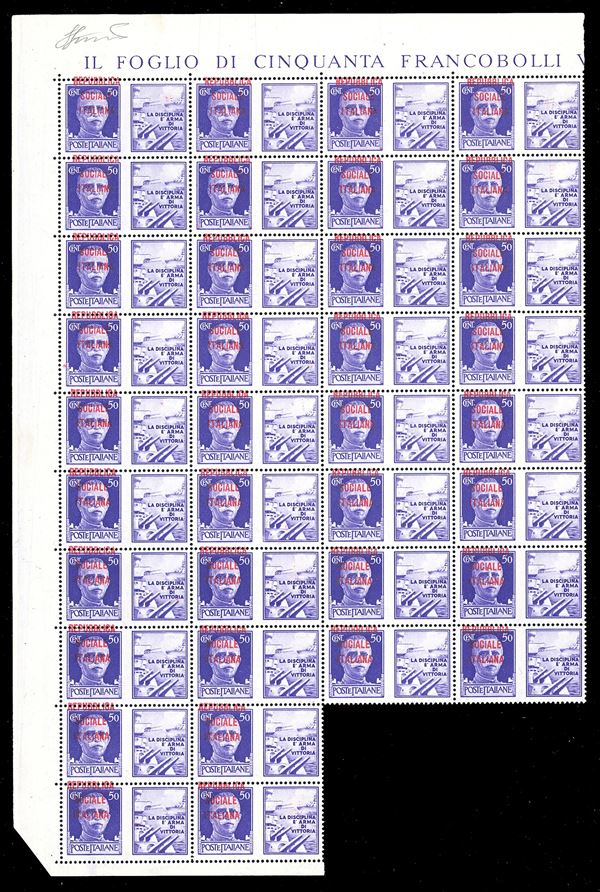 PROPAGANDA DI GUERRA 1944 - 50 cent. Marina (33), blocco di 36 esemplari con soprastampa fortemente spostata in alto, in alcuni esemplari "a cavallo", nuovo, gomma originale integra, perfetto. Raro e non catalogato. Ferrario.