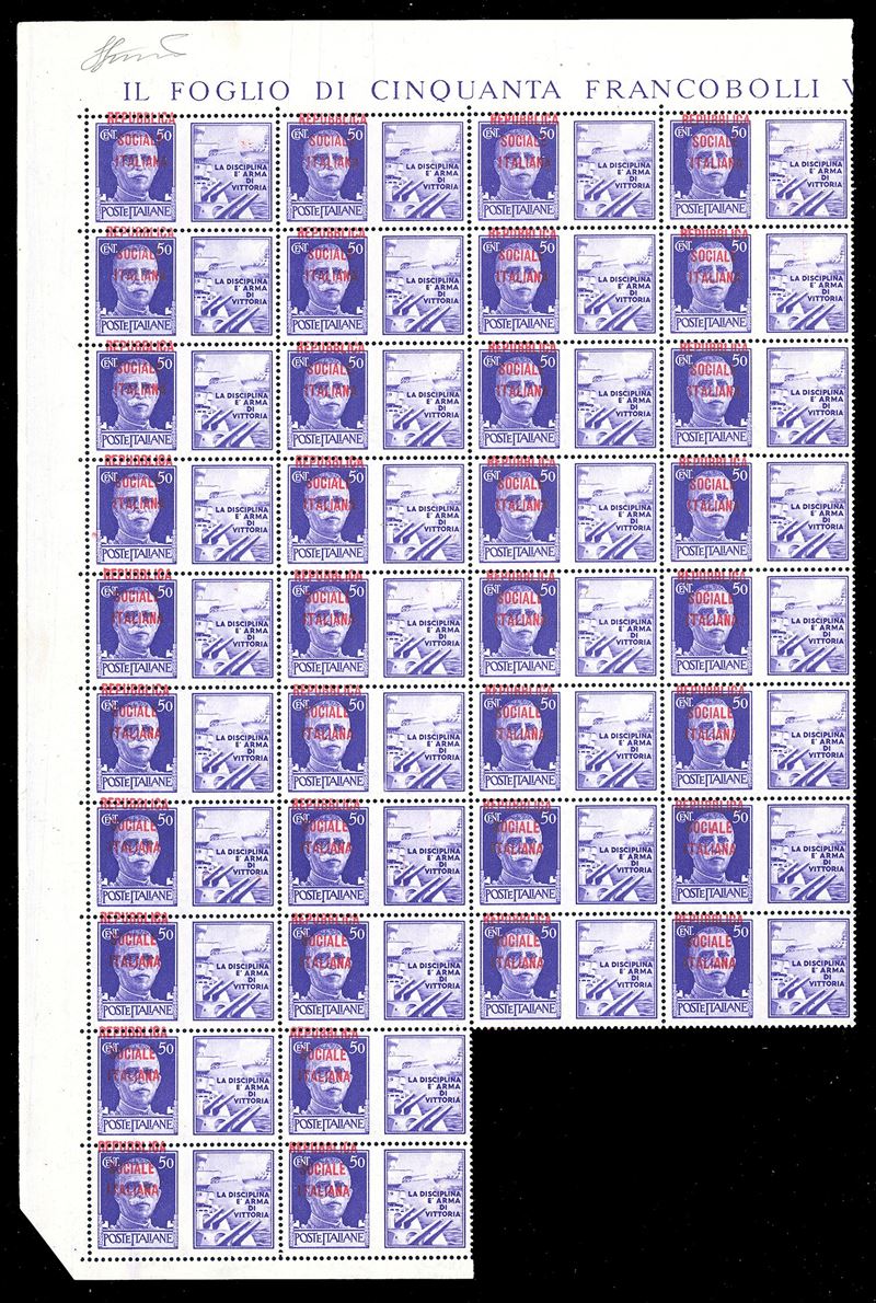 PROPAGANDA DI GUERRA 1944 - 50 cent. Marina (33), blocco di 36 esemplari con soprastampa fortemente spostata in alto, in alcuni esemplari "a cavallo", nuovo, gomma originale integra, perfetto. Raro e non catalogato. Ferrario.  - Auction Philately - Cambi Casa d'Aste