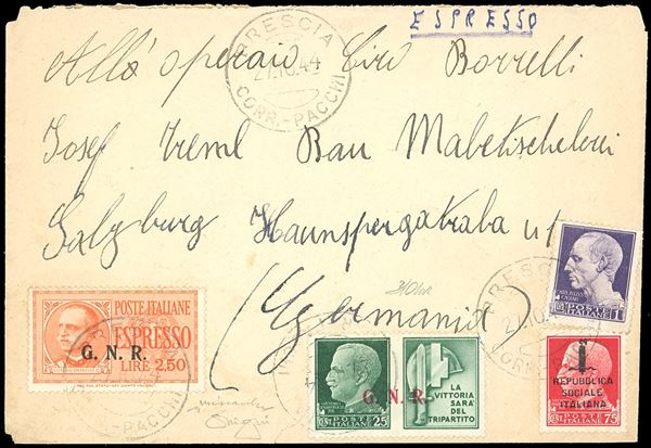 ESPRESSI 1944 - 2,50 lire soprastampa G.N.R. di Brescia, III tipo, punto piccolo dopo la "R", 25 cent. Milizia, soprastampa G.N.R. di Brescia III tipo, 1 lira Imperiale, 75 cent. soprastampato fascetto (E20/IIIK,16/III,252A,494), perfetti, su busta da Brescia 27/10/1944 a Salisburgo, in Germania, non recapitata a causa degli eventi bellici. Molto raro l'uso dell'espresso su lettera. Cert. Oro Raybaudi e Chiavarello.