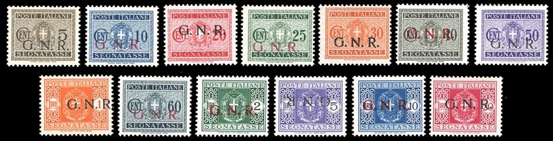 SEGNATASSE 1943/44 - Soprastampati G.N.R., serie completa nei tipi più comuni di Brescia o Verona (S.2308/I), nuovi, gomma originale integra, perfetti. Alti valori firmati G.Oliva, cert. Ferrario per gli alti valori.  - Asta Filatelia - Cambi Casa d'Aste
