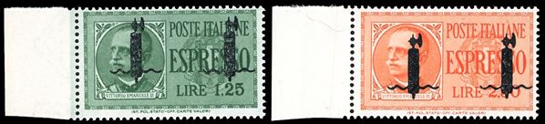 SAGGI ESPRESSI 1944 - Soprastampati fascio grosso in nero di Verona due volte (P1/P2), bordo di foglio, nuovi, gomma originale integra, perfetti. Molto belli. Cert. Ferrario.