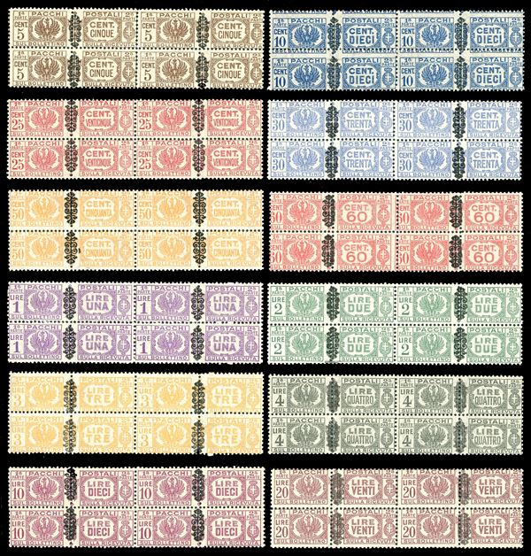 PACCHI POSTALI 1945 - Soprastampati, serie completa (48/59), blocchi di quattro, nuovi, gomma originale integra, perfetti. Alti valori Ferrario.