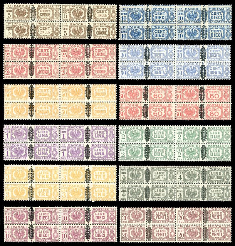 PACCHI POSTALI 1945 - Soprastampati, serie completa (48/59), blocchi di quattro, nuovi, gomma originale integra, perfetti. Alti valori Ferrario.  - Asta Filatelia - Cambi Casa d'Aste