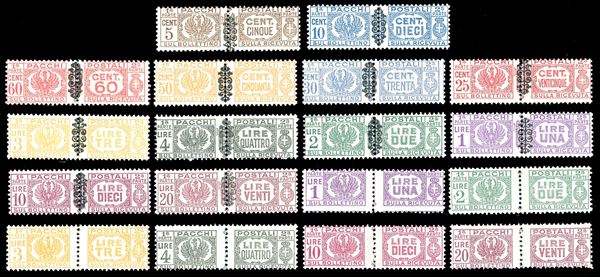 PACCHI POSTALI 1945/46 - Soprastampati e senza fasci al centro, serie complete (48/59,60/65), gomma originale integra, perfetti. Molto freschi.