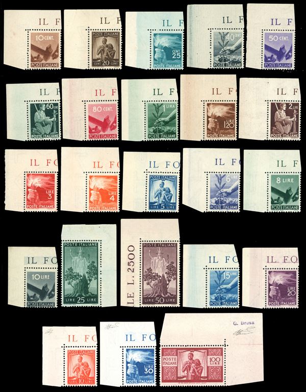 1945/48 - Democratica, serie completa (543/565), tutti angolo superiore di foglio, gomma originale integra, perfetti. Splendidi e di difficilissima reperibilità in qualità lusso. Alti valori cert. Ferrario.