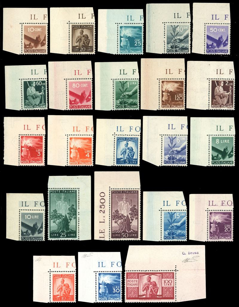 1945/48 - Democratica, serie completa (543/565), tutti angolo superiore di foglio, gomma originale integra, perfetti. Splendidi e di difficilissima reperibilità in qualità lusso. Alti valori cert. Ferrario.  - Asta Filatelia - Cambi Casa d'Aste
