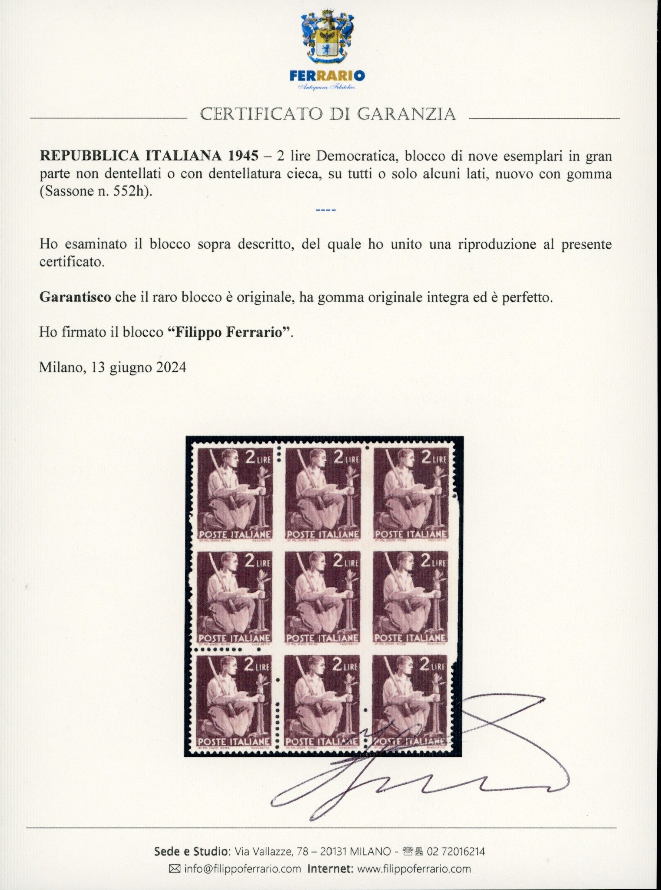 1945, 2 lire Democratica - blocco di nove esemplari non dentellati o con dentellatura cieca
