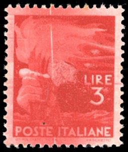 1945 - 3 lire Democratica (553), macchie di colore diffuse e striatura bianca verticale, gomma originale integra, perfetto. Ferrario.