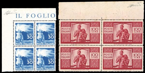 1945 - 30 e 100 lire Democratica (563,565), blocchi di qauttro, bordo o angolo di foglio, nuovi, gomma originale integra, perfetti e ben centrati. Ferrario, cert. Cilio.