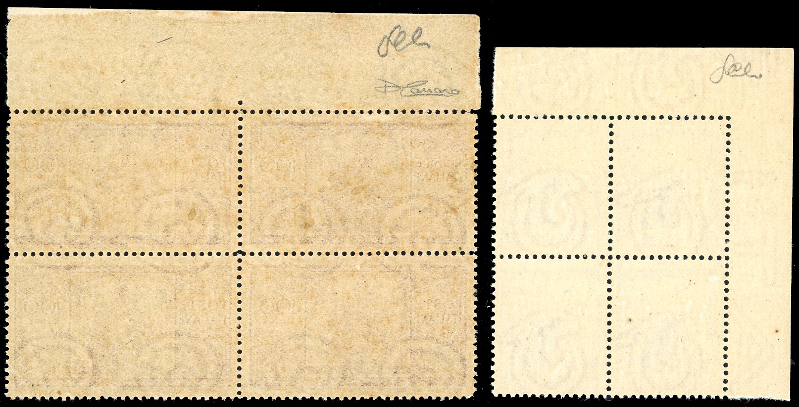 1945, 30 e 100 lire Democratica, blocchi di quattro