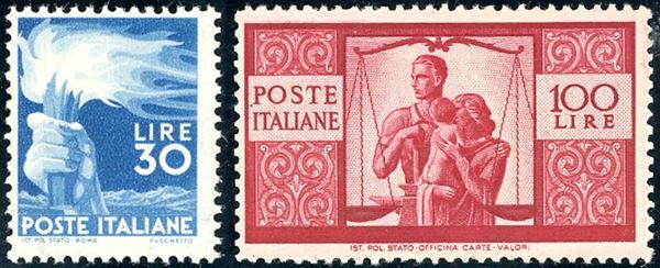 1946/49 - 30 lire e 100 lire Democratica (563/565), gomma originale integra, perfetti. Cert. Raybaudi.