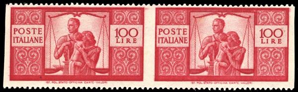 1946 - 100 lire Democratica, II lastra, dent. 14 1/4, carta bianca, coppia orizzontale non dentellata verticalmente (Sass.spec.25a Eg), gomma originale integra, perfetta. Molto bella. Cert. Ferrario.