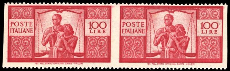 1946 - 100 lire Democratica, II lastra, dent. 14 1/4, carta bianca, coppia orizzontale non dentellata verticalmente (Sass.spec.25a Eg), gomma originale integra, perfetta. Molto bella. Cert. Ferrario.  - Auction Philately - Cambi Casa d'Aste