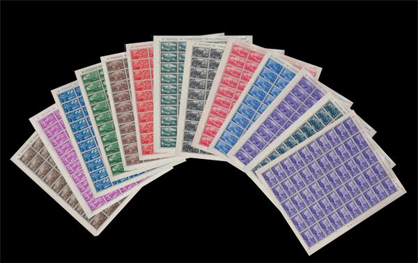 1948 - Risorgimento, serie completa (580/591+E), fogli di 50 esemplari, generalmente ben centrati, nuovi, gomma originale integra, perfetti. Rari e di ottima qualità. Ferrario.