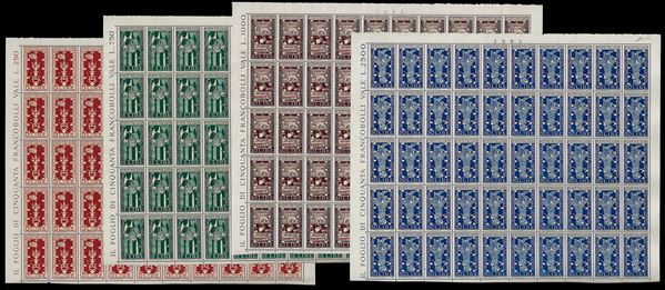 1949 - Biennale di Venezia, serie completa (594/597), fogli di 50 esemplari, in parte di ottima centratura, nuovi, gomma originale integra, perfetti. Molto ferschi. Ferrario.