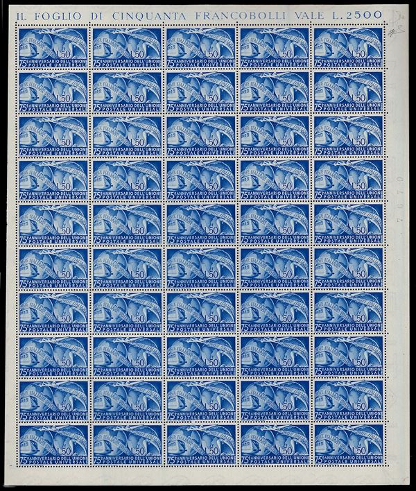 1949 - 50 lire UPU (599), foglio completo di 50 esemplari, ben centrato, nuovo, gomma originale integra, perfetto. Ottima qualità. Ferrario.