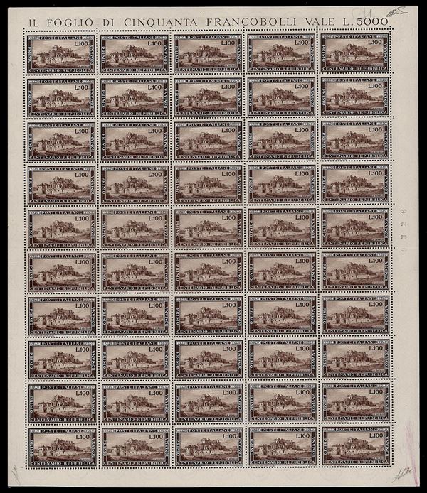 1949 - 100 lire Romana (600), foglio completo di 50 esemplari, nuovo, gomma originale integra, perfetto. Raro. Ferrario.