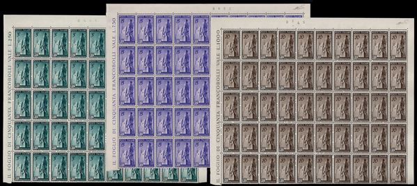 1949 - ERP, serie completa (601/603), fogli di 50 esemplari, privi del bordo inferiore, nuovi, gomma originale integra, perfetti. Ottima qualità. Ferrario.