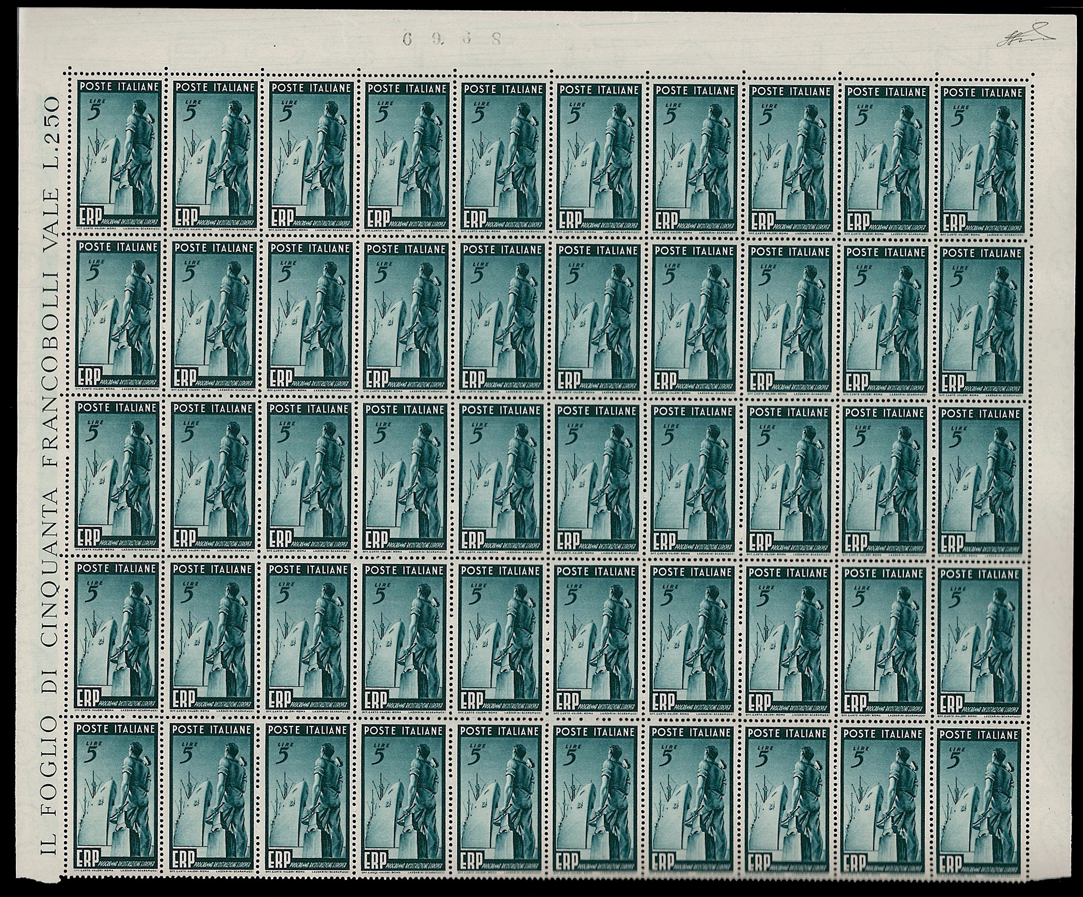 ERP, Serie completa 1949 (601/603), fogli di 50 esemplari, francobolli nuovi