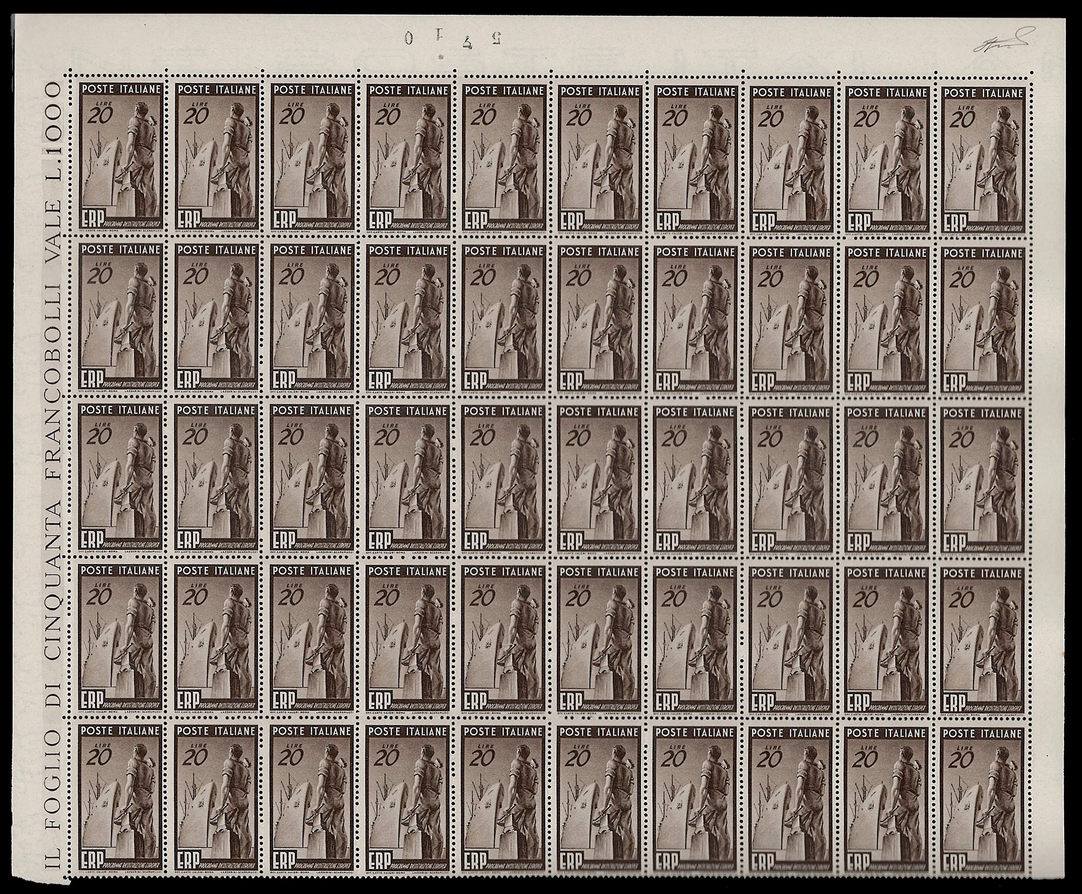 ERP, Serie completa 1949 (601/603), fogli di 50 esemplari, francobolli nuovi