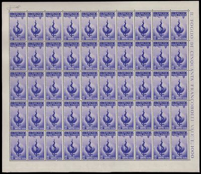 Ferrario, 20 lire Sanità (1949), foglio completo di 50 esemplari