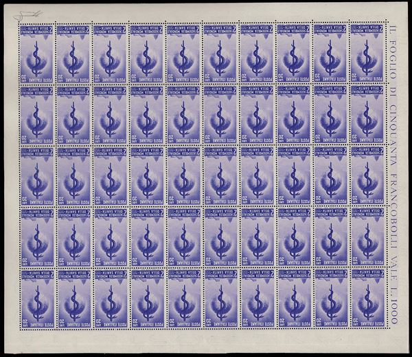 1949 - 20 lire Sanità (697), foglio completo di 50 esemplari, nuovo, gomma originale integra, perfetto e molto fresco. Ferrario.