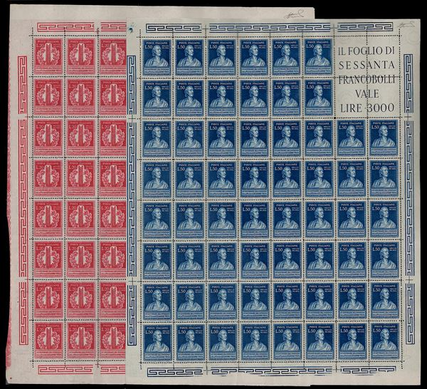 1949 - Volta, serie completa (611/612), fogli di 60 esemplari nuovi, il 50 lire ben centrato, gomma originale integra, perfetti e di ottima qualità. Rari e molto belli. Ferrario.