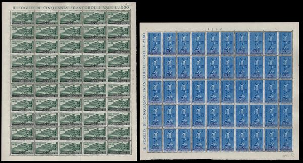 1950 - UNESCO, serie completa (618/619), fogli di 50 esemplari, ben centrati, nuovi, gomma originale integra, perfetti. Molto belli. Ferrario.