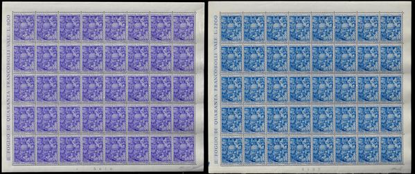 1950 - Anno Santo, serie completa (620/621), fogli di 40 esemplari, nuovi, gomma originale integra, perfetti e ben centrati. Ferrario.