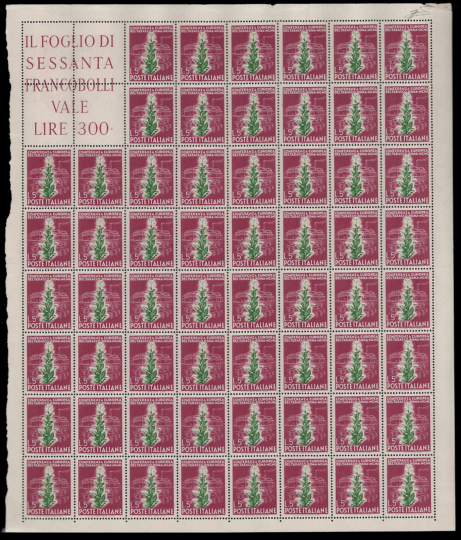 Ferrario, Serie Completa di Francobolli del 1950 - Tabacco (629/631), Fogli di 60 Esplari, Nuovi