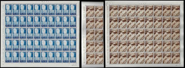 1951 - Fiera di Milano, serie completa (657/658), foglio di 50 esemplari per il 50 lire, ben centrato, e di 40 + 10 in blocco per il 20 lire, nuovi, gomma originale integra, perfetti e molto freschi. Ferrario.