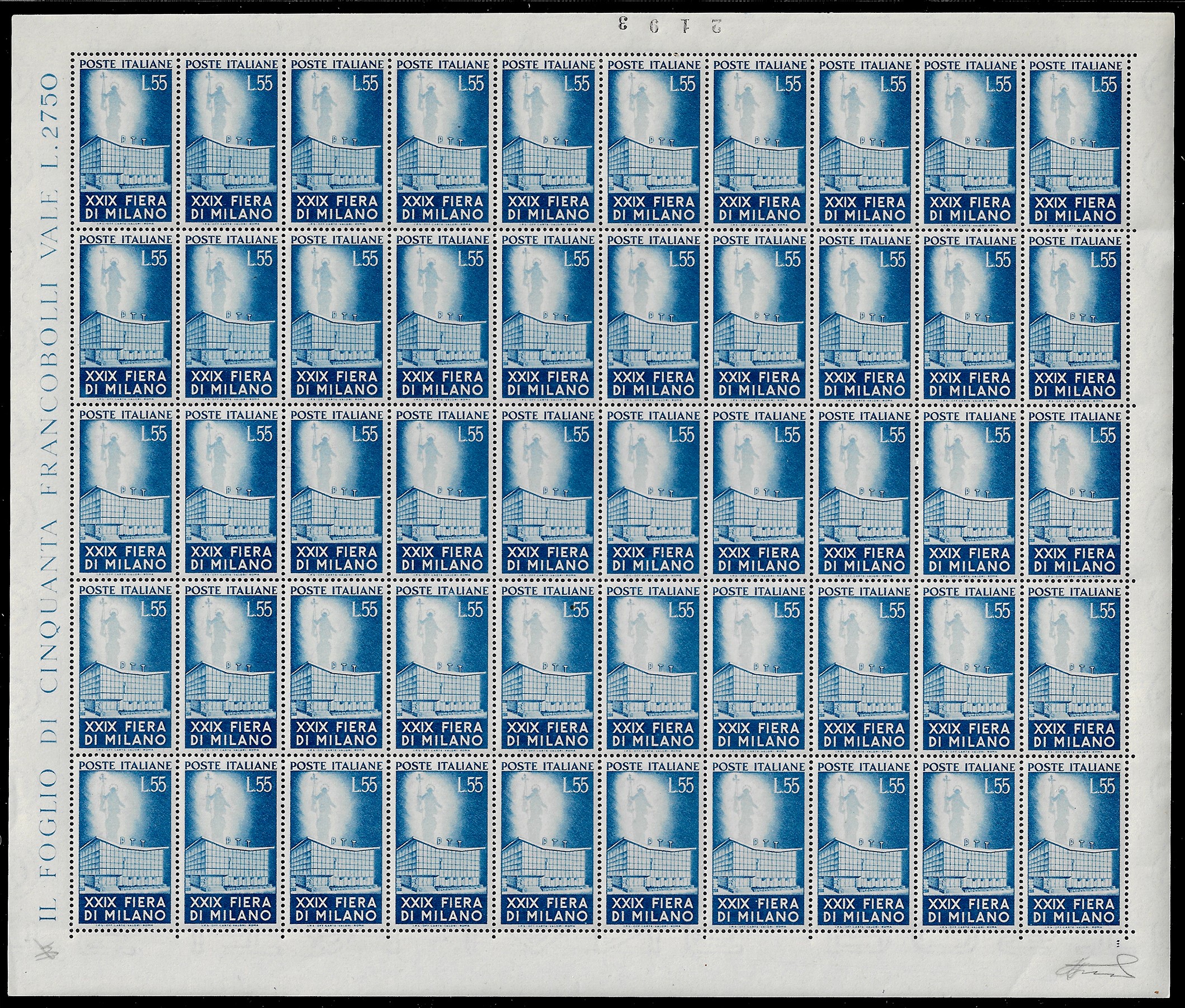 Ferrario, Fiera di Milano, serie completa (657/658) - foglio di 50 esemplari da 50 lire e blocco ...