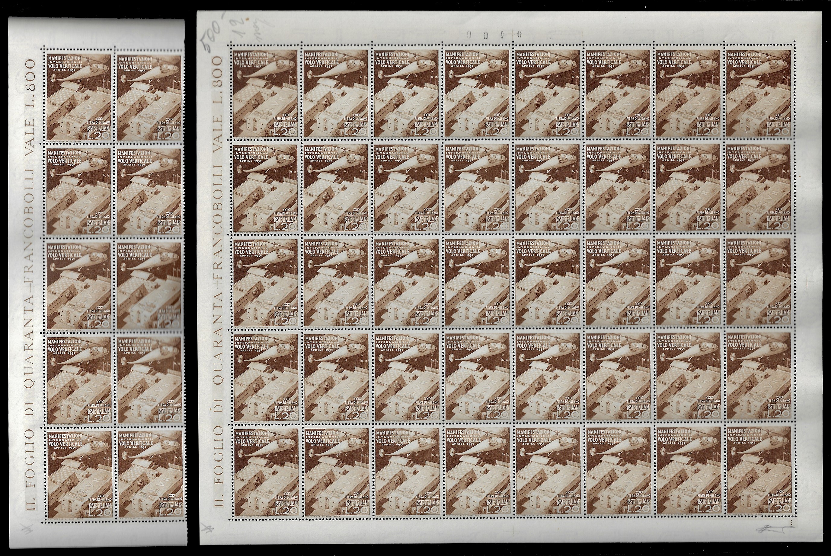 Ferrario, Fiera di Milano, serie completa (657/658) - foglio di 50 esemplari da 50 lire e blocco ...