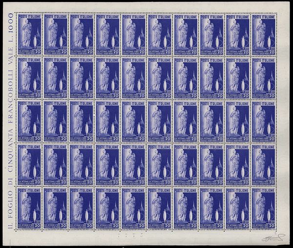 1951 - 20 lire Arte Tessile (659), foglio completo di 50 esemplari, nuovo, gomma originale integra, perfetto e molto fresco. Ferrario.