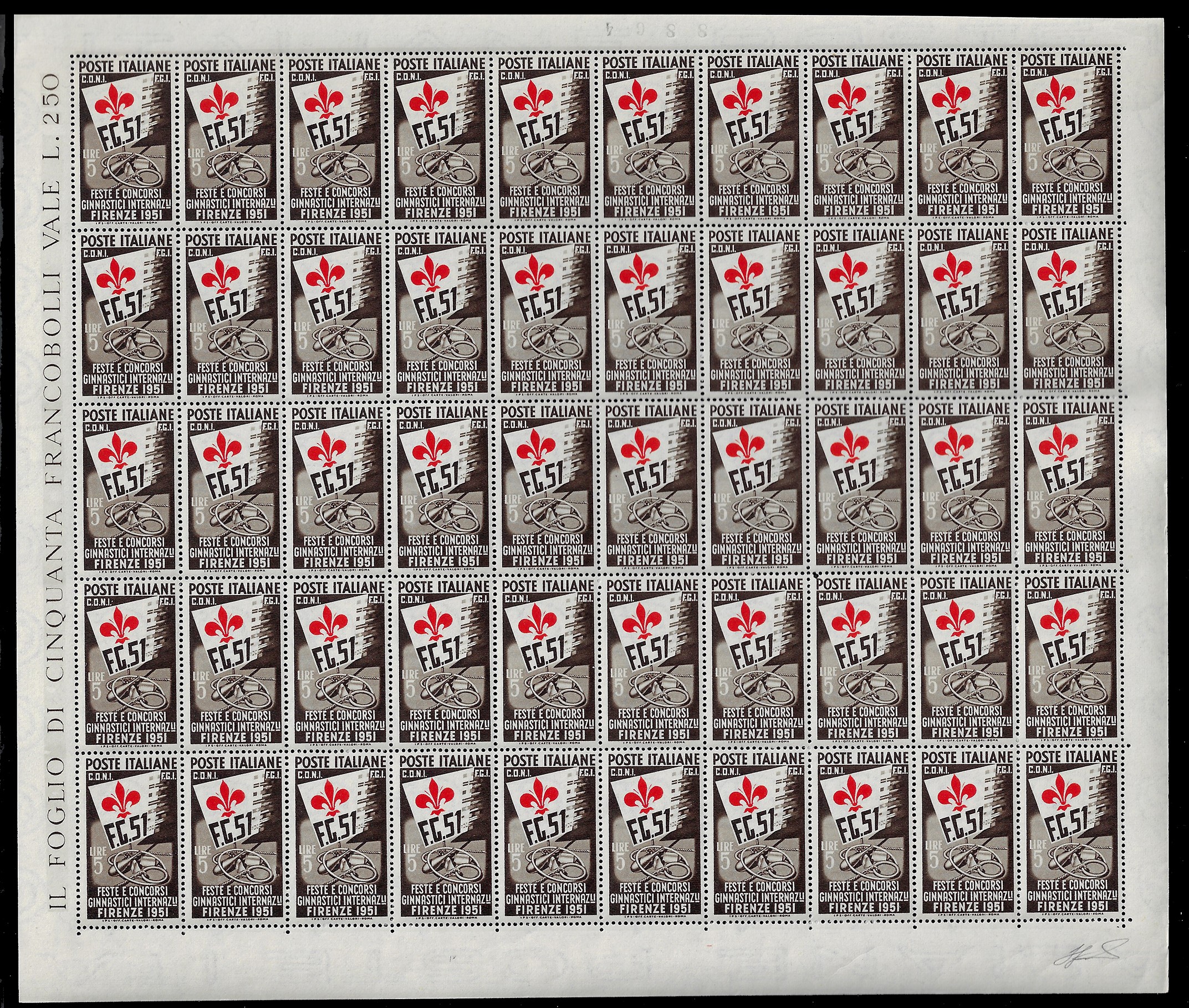 Ferrario, Serie Ginnici del 1951, francobolli (661/663), fogli di 50 esemplari, nuovi con gomma o...