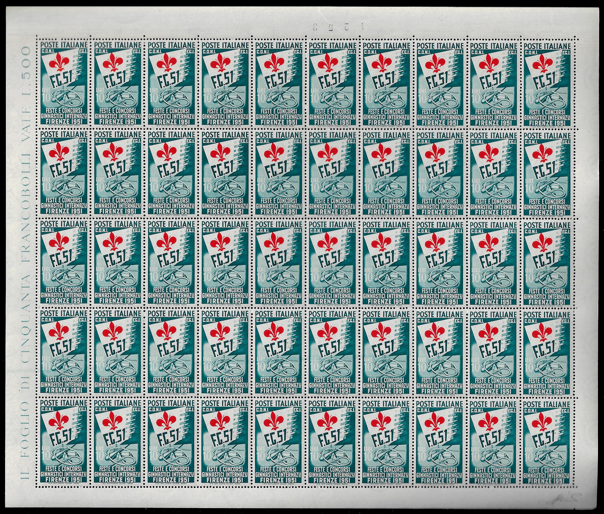 Ferrario, Serie Ginnici del 1951, francobolli (661/663), fogli di 50 esemplari, nuovi con gomma o...