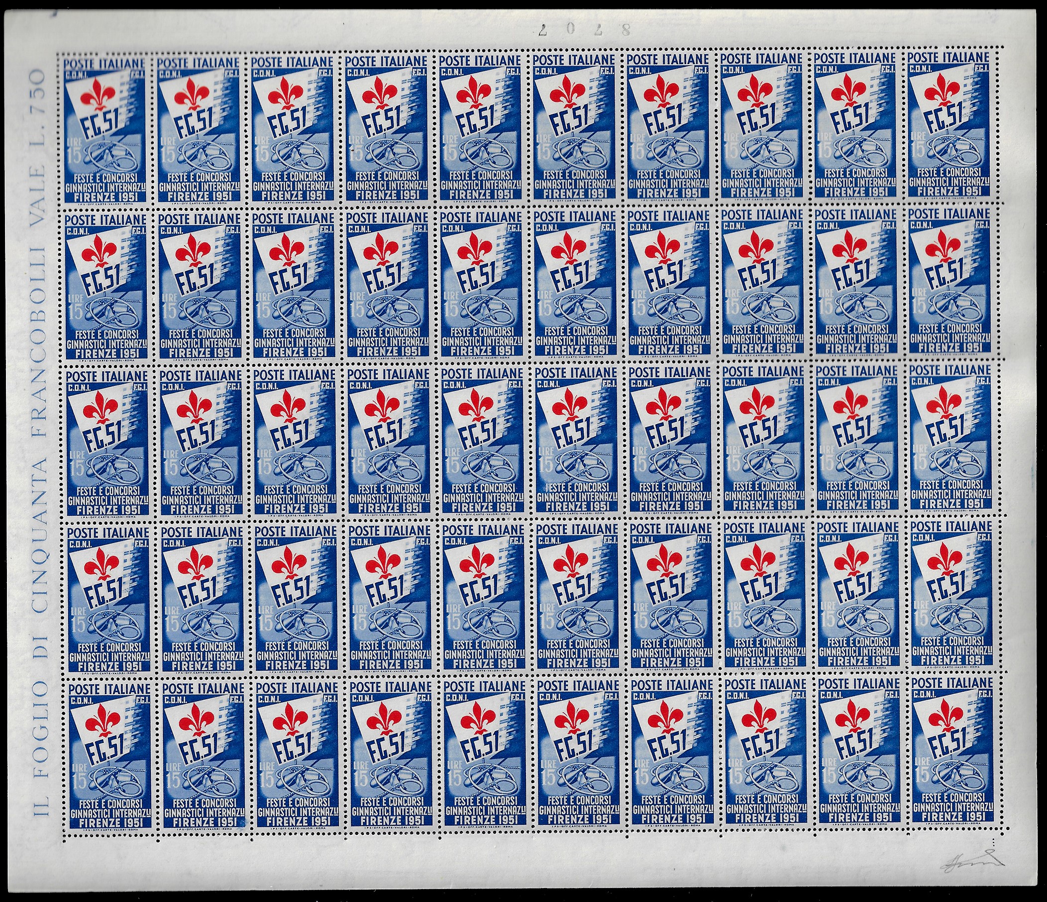 Ferrario, Serie Ginnici del 1951, francobolli (661/663), fogli di 50 esemplari, nuovi con gomma o...