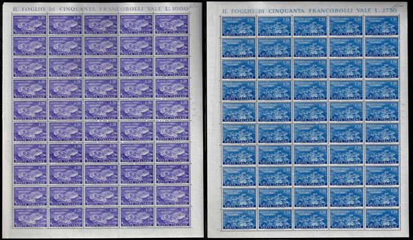 1951 - Montecassino, serie completa (664/665), fogli di 50 esemplari, nuovi, gomma originale integra, perfetti e ben centrati. Ottima qualità. Ferrario.