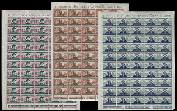1951 - Verdi, serie completa (677/679), fogli di 50 esemplari, nuovi, gomma originale integra, perfetti e molto freschi. Ottima qualità. Ferrario.