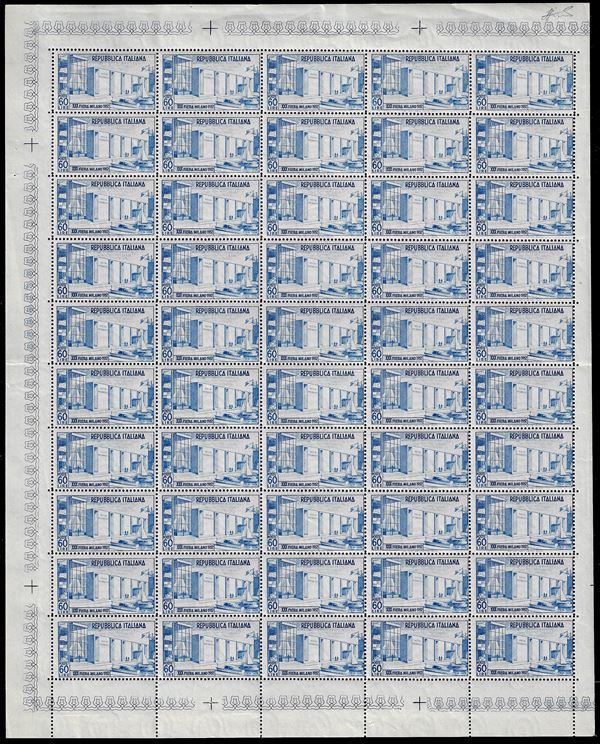 1952 - 60 lire Fiera di Milano (685), foglio completo di 50 esemplari, nuovo, gomma originale integra, perfetto e molto fresco. Ferrario.