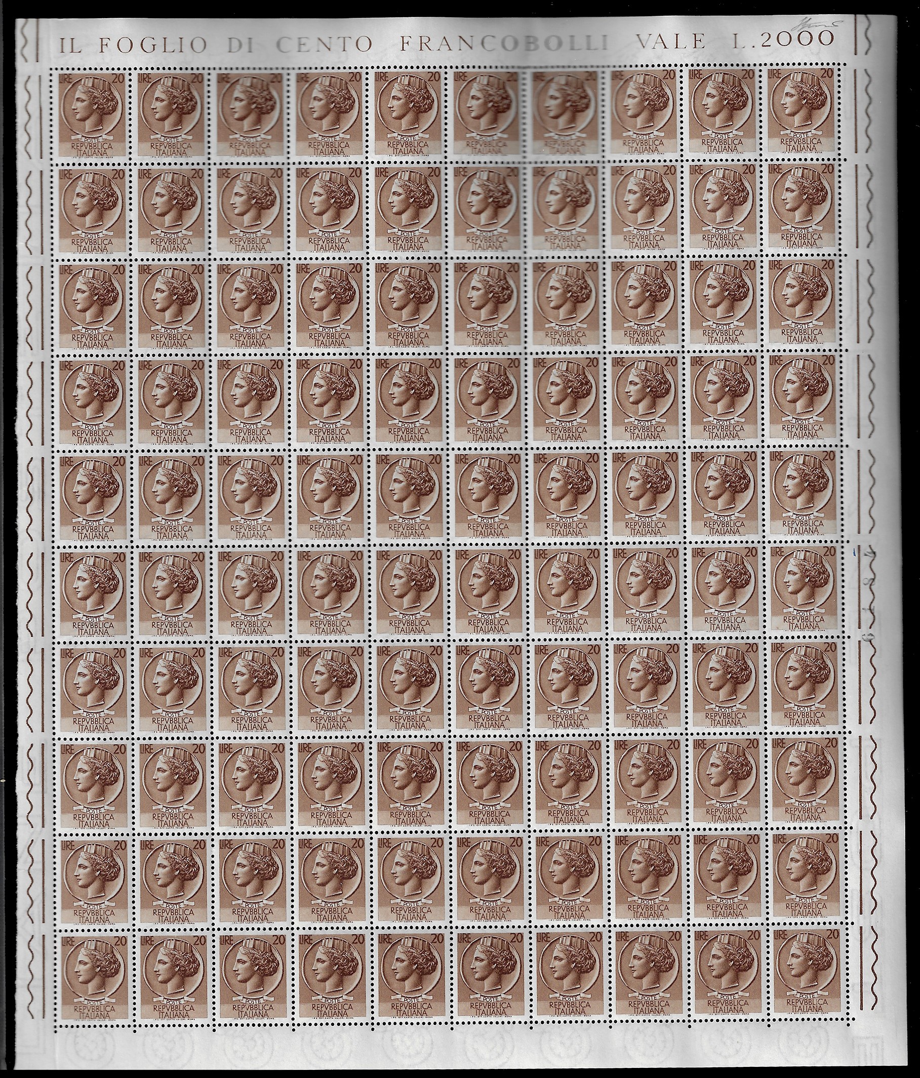Ferrario, Siracusana, filigrana ruota, serie completa (710/718), fogli di 100 esemplari, nuovi