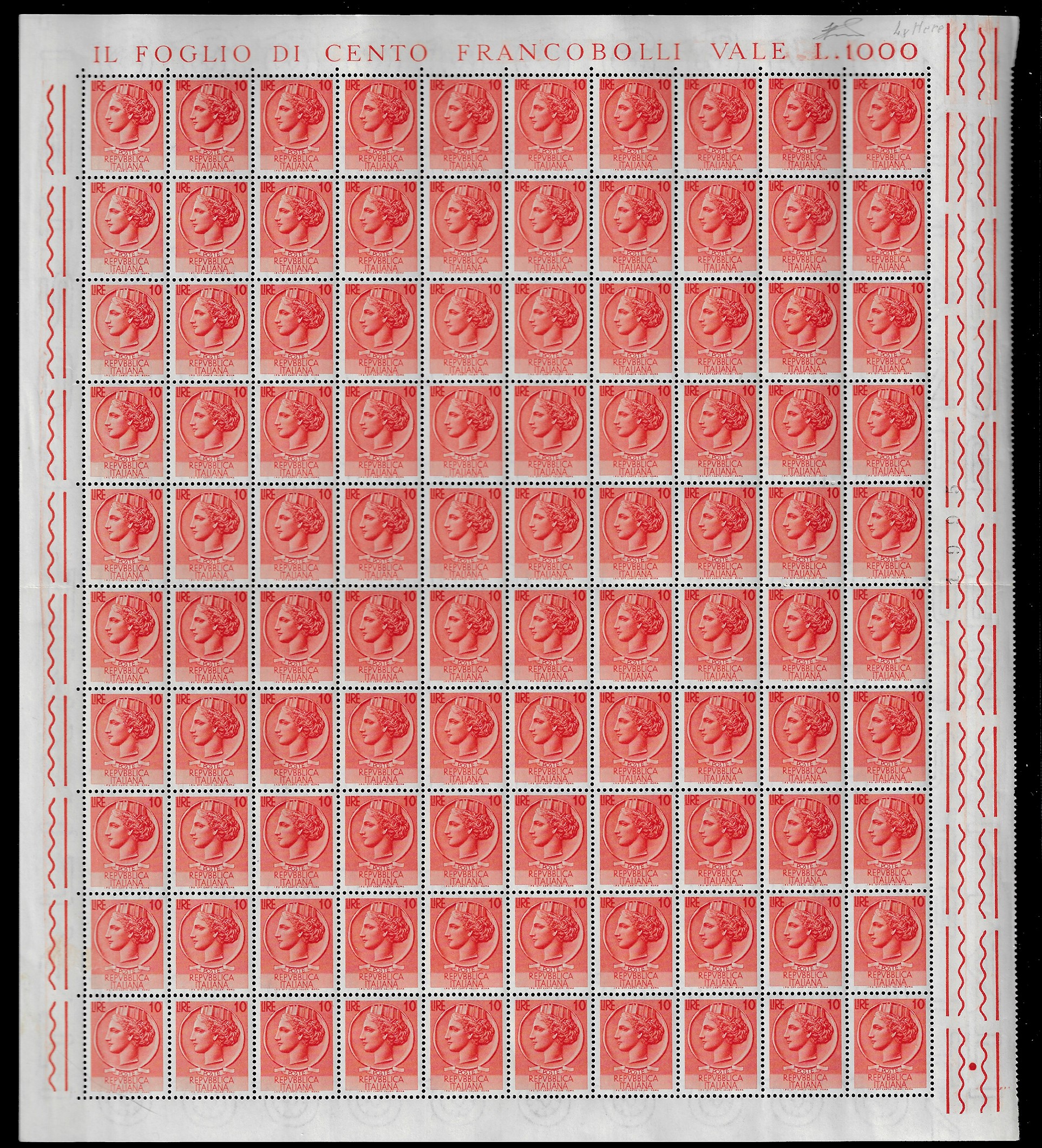Ferrario, Siracusana, filigrana ruota, serie completa (710/718), fogli di 100 esemplari, nuovi